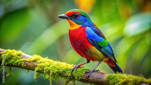 Colorful Piper Bird Perched on a Branch in a Lush Green Environment Capturing Nature's Beauty