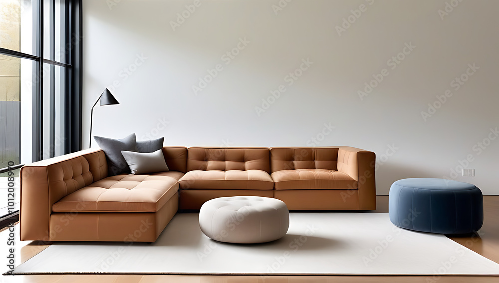 Obraz premium tufted corner sofa pouf lounge chair stand near live edge coffee table