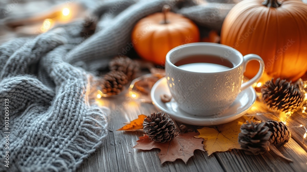 Warm and cozy autumn vibes with a cup of tea, pumpkins, leaves, and cones on a wooden table. Fall home decor with a cozy scarf and lights. Happy Thanksgiving. Autumn hygge. Warm and cozy autumn vibes with a cup of tea, pumpkins, leaves, and cones on a wooden table. Fall home decor with a cozy scarf and lights. Happy Thanksgiving. Autumn hygge.