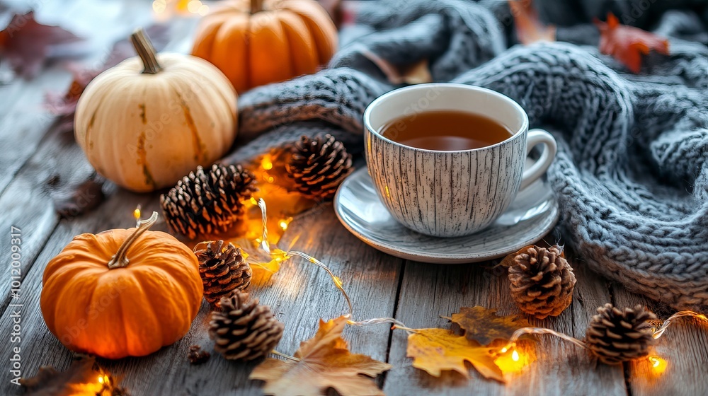 Warm and cozy autumn vibes with a cup of tea, pumpkins, leaves, and cones on a wooden table. Fall home decor with a cozy scarf and lights. Happy Thanksgiving. Autumn hygge. Warm and cozy autumn vibes with a cup of tea, pumpkins, leaves, and cones on a wooden table. Fall home decor with a cozy scarf and lights. Happy Thanksgiving. Autumn hygge.