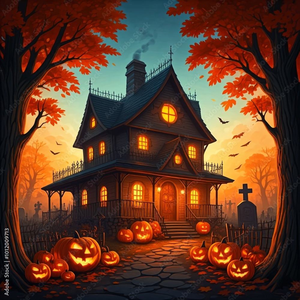 Halloween Haunted House with Jack-o'-Lanterns and Spooky Trees Halloween Haunted House with Jack-o'-Lanterns and Spooky Trees