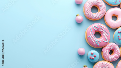 Christmas donuts, pastel pink and blue background, 3D illustration.