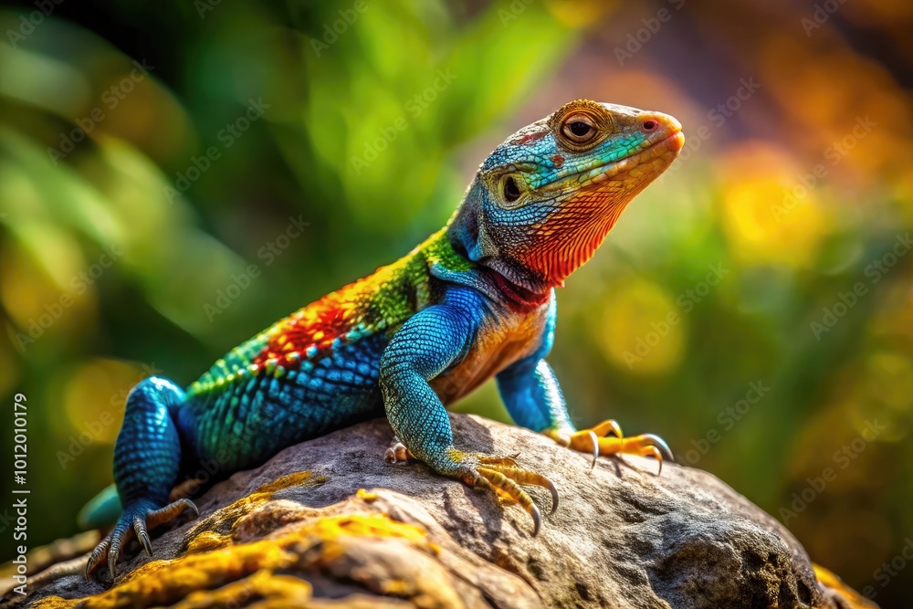 Colorful plated lizard basking on a rock in its natural habitat under warm sunlight and greenery Colorful plated lizard basking on a rock in its natural habitat under warm sunlight and greenery