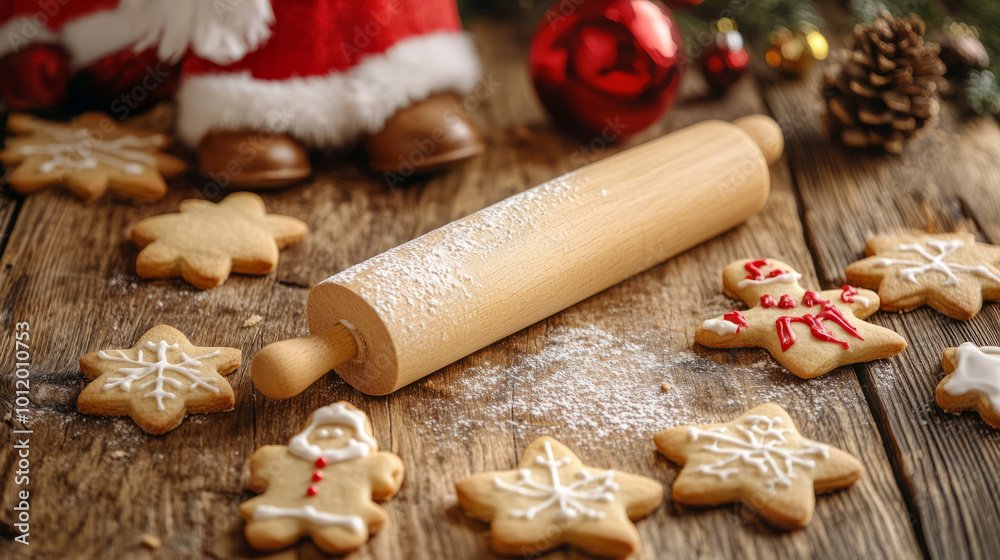 Baking Christmas cookies with a rolling pin and festive decorations on a rustic wooden table Baking Christmas cookies with a rolling pin and festive decorations on a rustic wooden table
