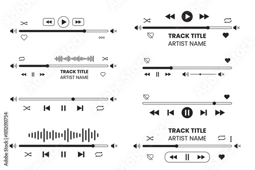 Set of music media player interface template. Music player vector design. Graphic mediaplayer panel template for mobile app. Modern playback of music application. Vector Illustration.
