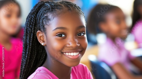 A cheerful girl with long braided hair smiles brightly while sitting in a classroom, surrounded by classmates dressed in pink shirts during a lively school day