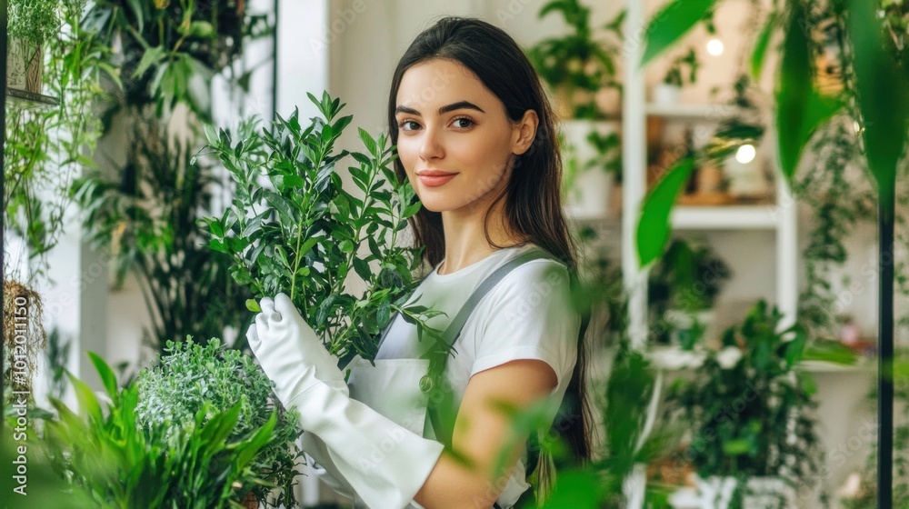 In a bright greenhouse filled with a variety of plants, a woman holds a lush green plant while wearing gardening gloves, showcasing her passion for indoor gardening In a bright greenhouse filled with a variety of plants, a woman holds a lush green plant while wearing gardening gloves, showcasing her passion for indoor gardening