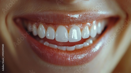 A close-up of a smiling mouth displaying bright, white teeth and healthy gums, emphasizing dental health and a cheerful expression.