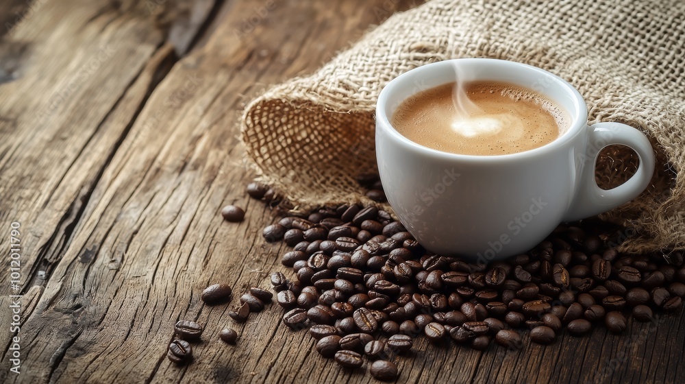 A steaming cup of coffee sits atop scattered coffee beans, with a burlap sack in the background, creating a warm and inviting rustic atmosphere A steaming cup of coffee sits atop scattered coffee beans, with a burlap sack in the background, creating a warm and inviting rustic atmosphere