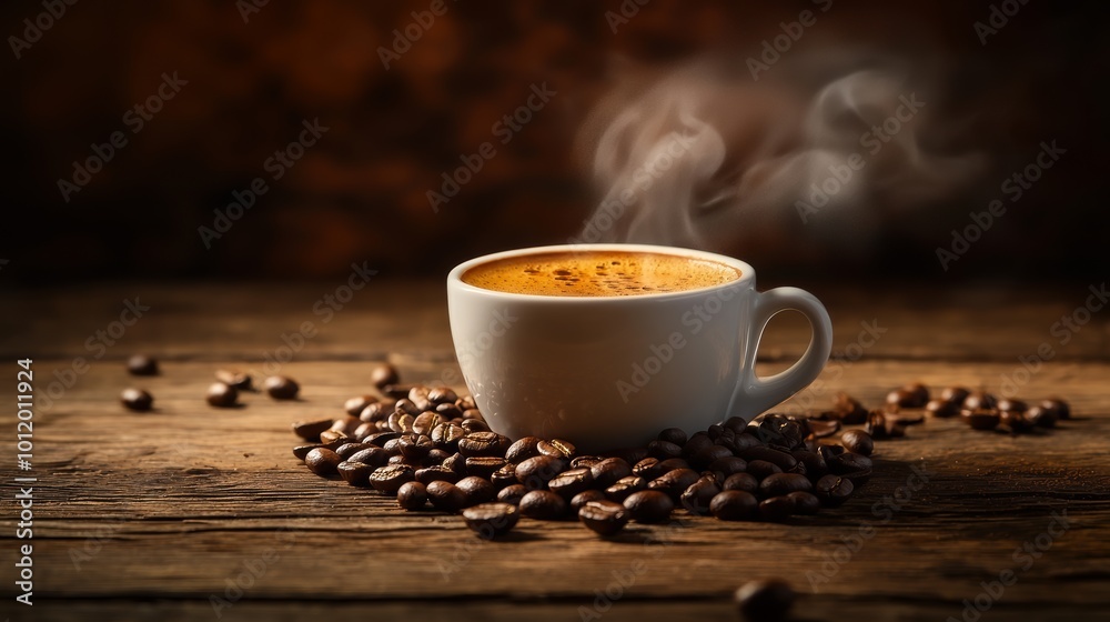 A steaming cup of coffee sits on a rustic wooden surface, surrounded by scattered coffee beans, creating a cozy and inviting atmosphere A steaming cup of coffee sits on a rustic wooden surface, surrounded by scattered coffee beans, creating a cozy and inviting atmosphere
