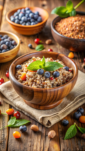 Superfood concept featuring raw buckwheat porridge in a bowl on a wooden kitchen table. The display showcases healthy vegan options, organic products, and suggests weight loss and balanced nutrition photo