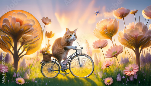Whimsical illustration of a tabby cat riding a bike in a field of blooming flowers, perfect for children's books or wall art.