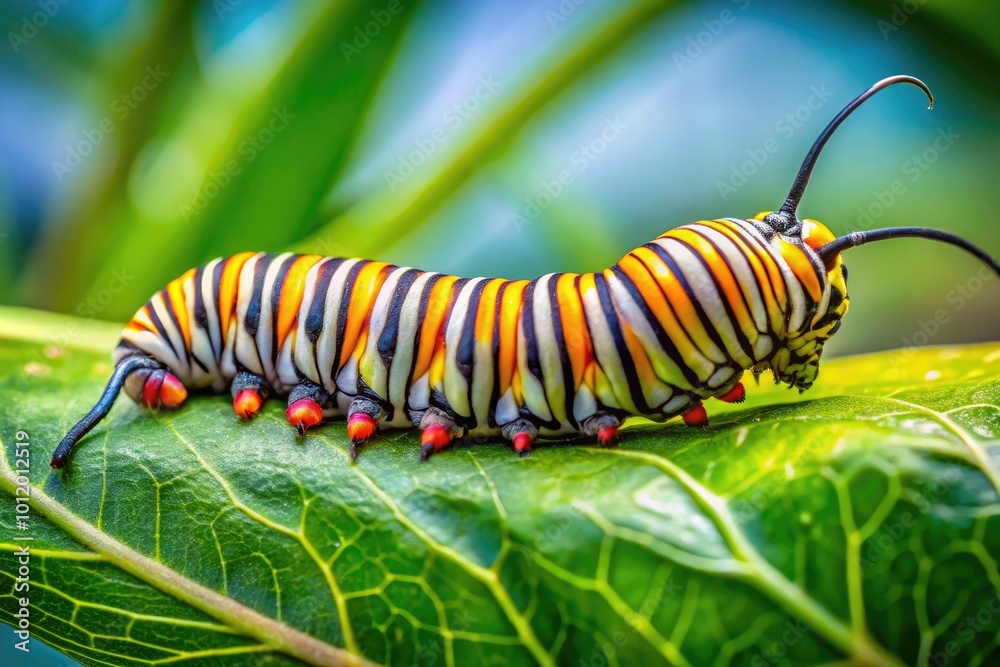 Naklejka premium Colorful queen butterfly caterpillar resting on a green leaf in a natural garden setting outdoors