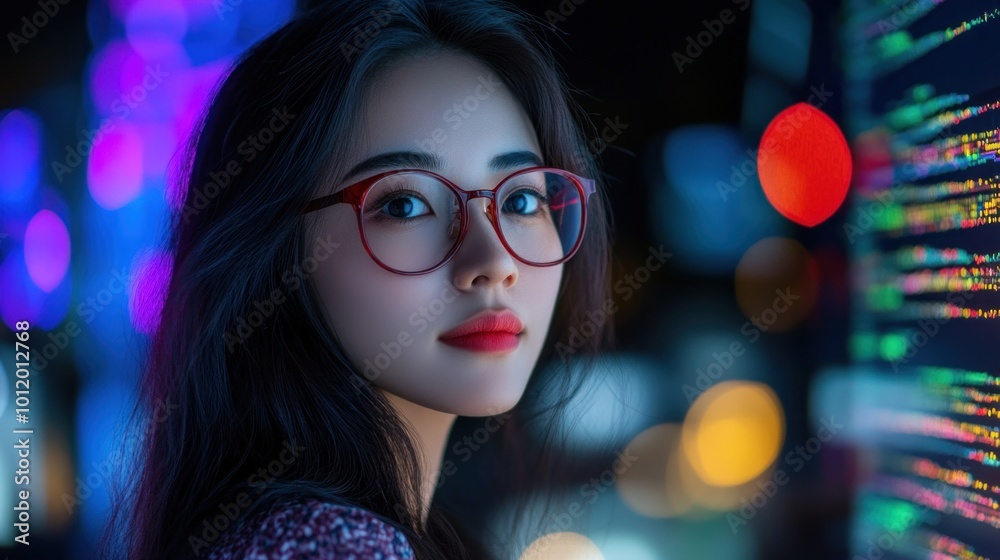 A young woman with glasses gazes directly into the camera, surrounded by colorful city lights and illuminated coding lines, creating a captivating urban atmosphere A young woman with glasses gazes directly into the camera, surrounded by colorful city lights and illuminated coding lines, creating a captivating urban atmosphere