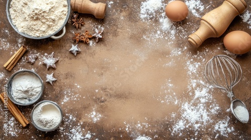 The workspace features scattered flour, eggs, and festive spices arranged around rolling pins and whisks, creating a warm and inviting atmosphere for baking seasonal treats