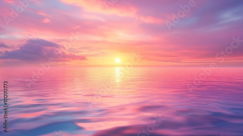 A beautiful sunset unfolds as the sun dips below the horizon, creating a stunning blend of pink, orange, and purple hues above calm waters, inviting tranquility and reflection