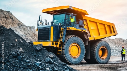 A heavy-duty dump truck is unloading a large load of coal at a mining site during sunset. Workers in safety gear supervise the loading process while the landscape is filled with coal remnants