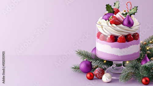 Christmas trifle, pastel purple background, 3D illustration.