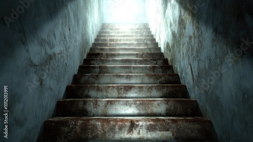 A worn, rusty staircase ascends toward a bright light, creating an atmosphere of mystery and curiosity in what appears to be a dimly lit, abandoned area