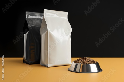 Pet Food Packaging with Stainless Steel Bowl of Kibble on Yellow Surface, mockup for designs. photo