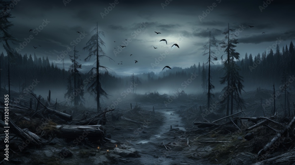 Eerie landscape under moonlight  a foggy forest with dead trees and birds in the gloomy sky