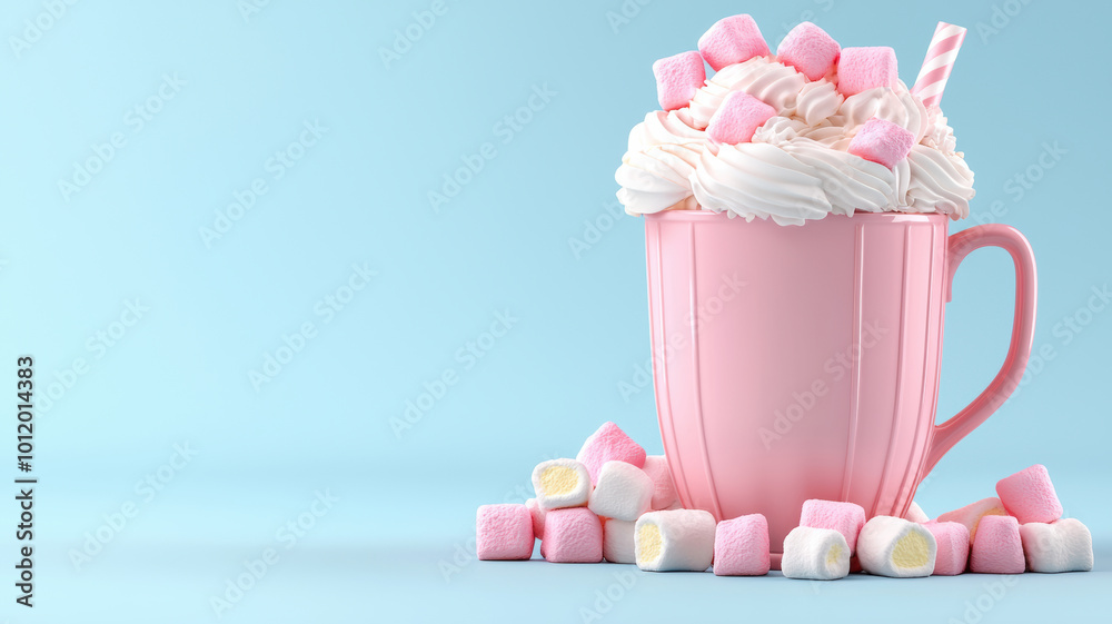 Hot cocoa with marshmallows, pastel background, 3D illustration. Hot cocoa with marshmallows, pastel background, 3D illustration.