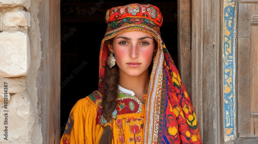 A young woman stands at a wooden doorway, dressed in vibrant traditional clothing A young woman stands at a wooden doorway, dressed in vibrant traditional clothing