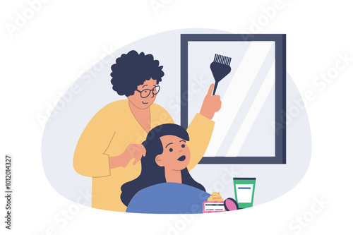 Beauty salon concept in modern flat design for web. Hairdresser with professional dye and brush colouring woman hair and making cosmetics care treatment in studio by mirror. Vector illustration.