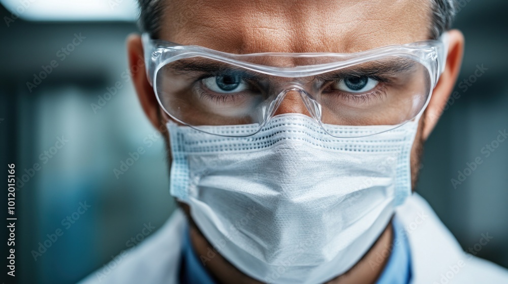 A researcher wearing protective goggles and a mask demonstrates a serious expression while engaged in scientific work in a laboratory setting