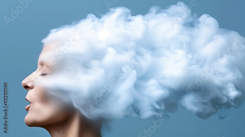 A woman releases a billowing cloud of smoke from her mouth, symbolizing imagination and inspiration in a calming blue background that enhances the scene's mood