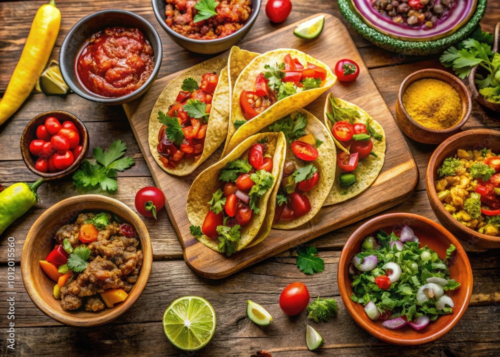 Colorful spread of tacos, salsa, and toppings on a rustic wooden table for Taco Tuesday celebration Colorful spread of tacos, salsa, and toppings on a rustic wooden table for Taco Tuesday celebration