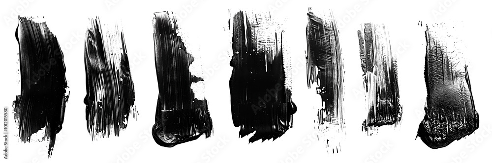 Four black paint strokes with different textures, isolated on a transparent background. Abstract elements are perfect for use in creative projects, graphic design, and illustrations. Four black paint strokes with different textures, isolated on a transparent background. Abstract elements are perfect for use in creative projects, graphic design, and illustrations.