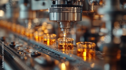 Close-up of a bottling machine filling small glass bottles with amber liquid on a conveyor belt.