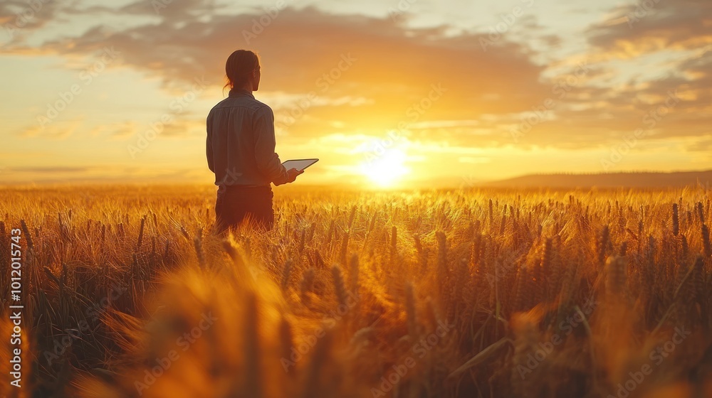 Fototapeta premium A man stands in a field of wheat at sunset, holding a tablet. The sun is setting behind him, and the sky is a beautiful orange and pink.