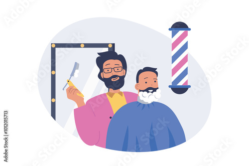 Beauty salon concept in modern flat design for web. Barber with professional straight razor shaving man face, making care treatment for client beard and moustache in barbershop. Vector illustration.