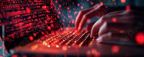 Hands typing on a laptop, illuminated by red data, white isolate background.