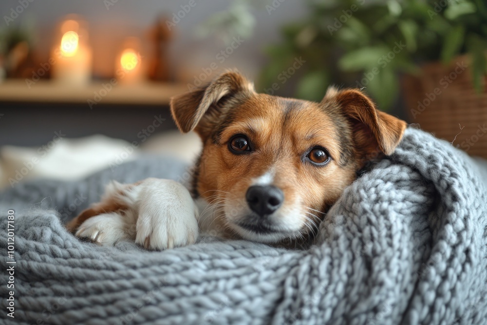 A cute dog with brown and white fur lies on a gray knitted blanket looking at the camera. A cute dog with brown and white fur lies on a gray knitted blanket looking at the camera.
