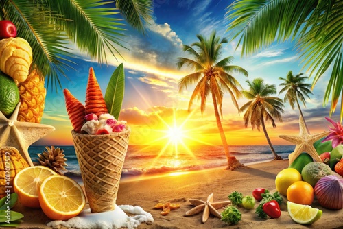 Colorful Summer Clipart Collection with Sun, Beach, Ice Cream, and Tropical Elements for Design