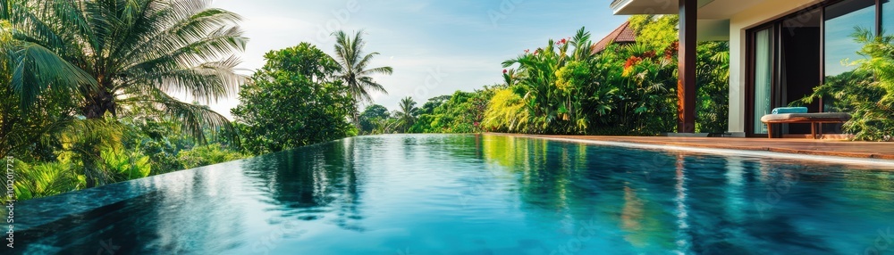 Luxurious infinity pool surrounded by tropical greenery and serene landscape. Luxurious infinity pool surrounded by tropical greenery and serene landscape.