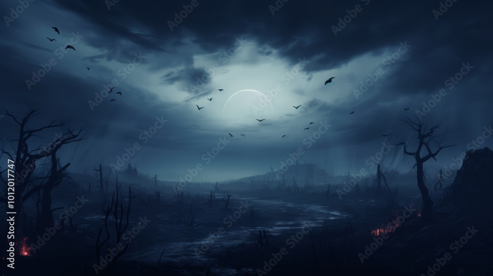 Fototapeta premium Eerie foggy forest at night a haunting landscape with dead trees under moonlight and dark skies
