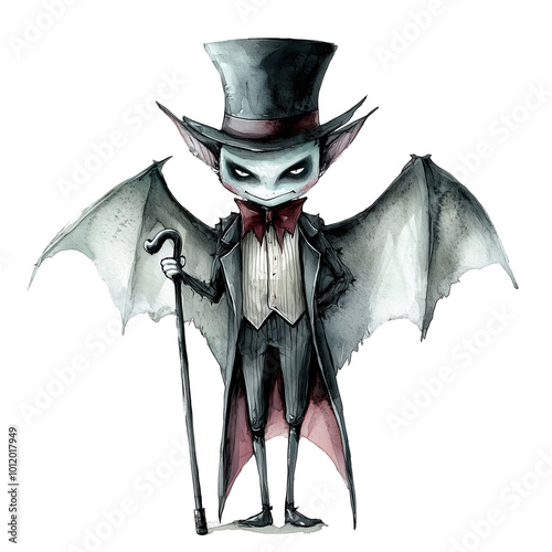 Elegant vampire in a top hat and cape with wings on transparent background. Perfect for Halloween designs, spooky art, and vampire-themed illustrations. Ideal for fantasy characters and horror decor. photo