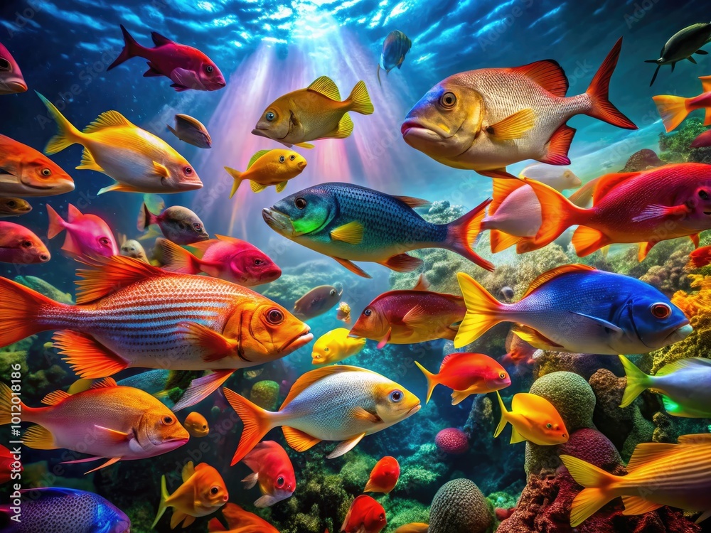 Naklejka premium Colorful swimming fish in a vibrant underwater scene showcasing marine life and natural beauty