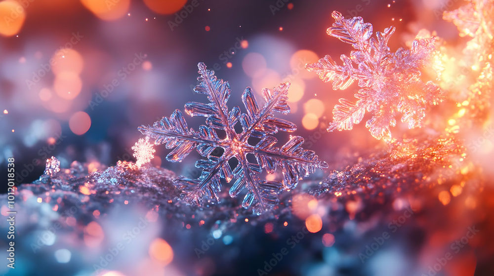 Fototapeta premium Crystal Snowflake Macro Photography with Bokeh Lights