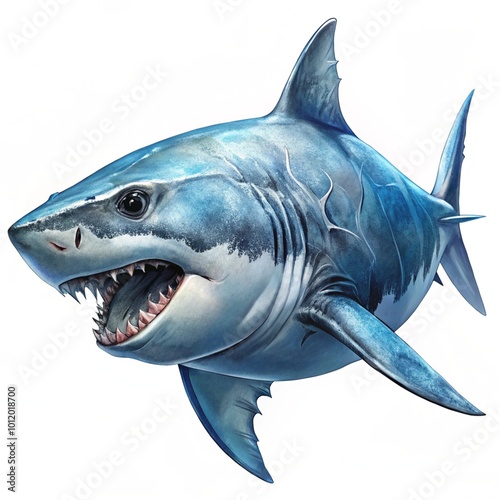 great white shark - Carcharodon carcharias - full view while swimming, face, and teeth visible isolated on white background all fins and gills showing
