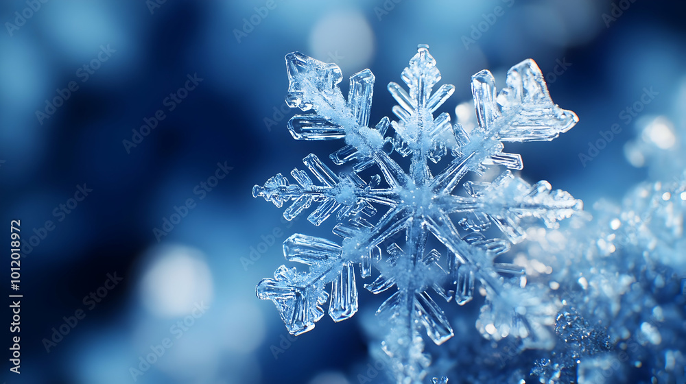Closeup Macro Photography of a Snowflake on Blue Background Closeup Macro Photography of a Snowflake on Blue Background