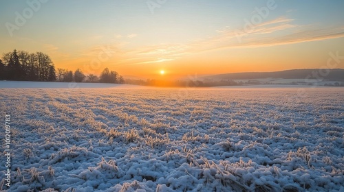 Winter sunrise over a vast field in Dietersdorf, Coburg, Bavaria, Germany. photo