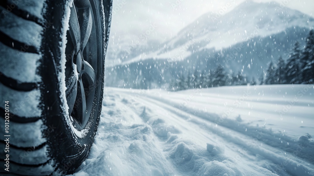 Winter tires grip the snow-covered road as a blizzard rages in the mountains. Winter tires grip the snow-covered road as a blizzard rages in the mountains.