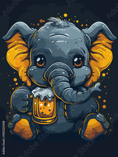 elephant with a glass of beer on a grunge background.