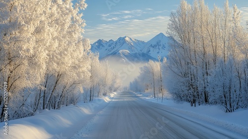 Winter sunlight shines through icy trees. Frost covers the air and lines a road in Palmer, Alaska. The sky is blue and the twin peaks of the Chugach Mountains are visible.