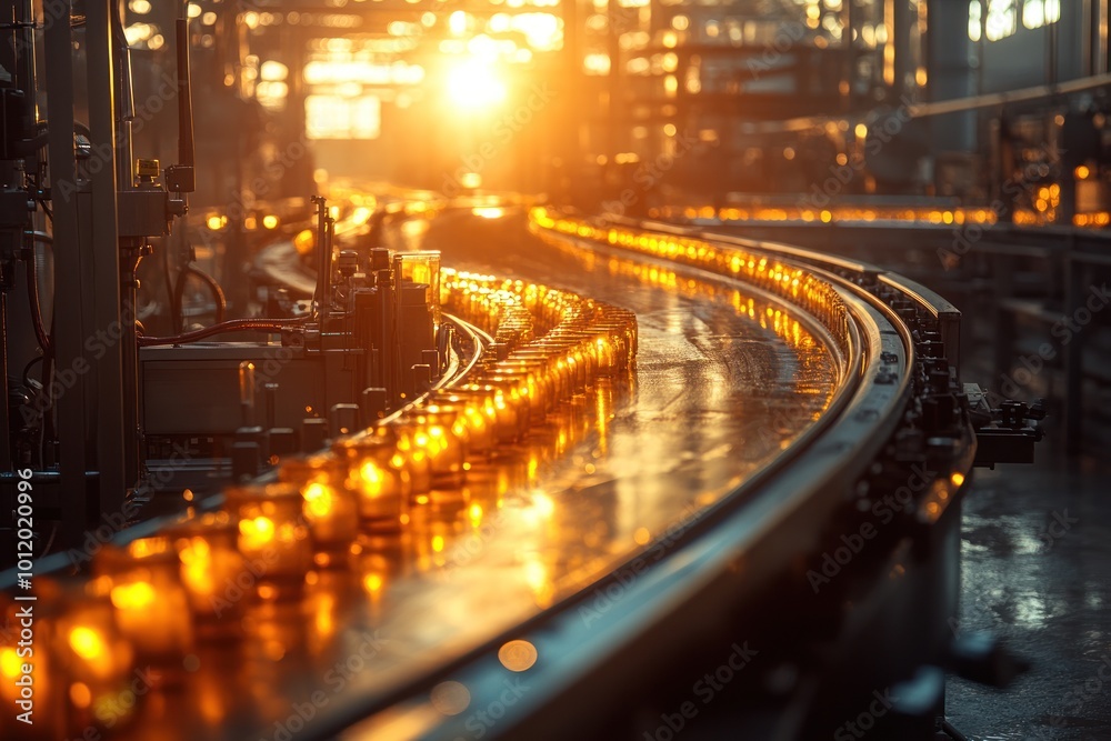 Glass jars moving along a conveyor belt in a factory setting with the sun setting in the background. Glass jars moving along a conveyor belt in a factory setting with the sun setting in the background.